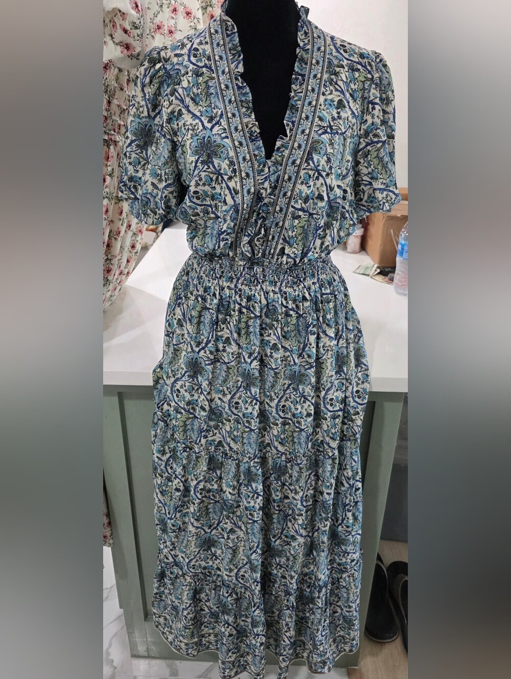 Max Studio Smocked Flutter Sleeve Blue and Green Floral  Maxi Dress sz S. NWT